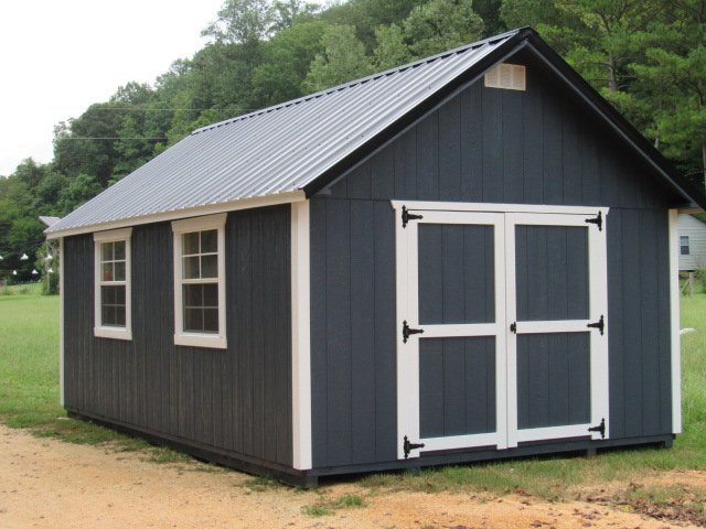 The Classic gable-roof shed with dark gray siding, white trim, double doors and metal roof