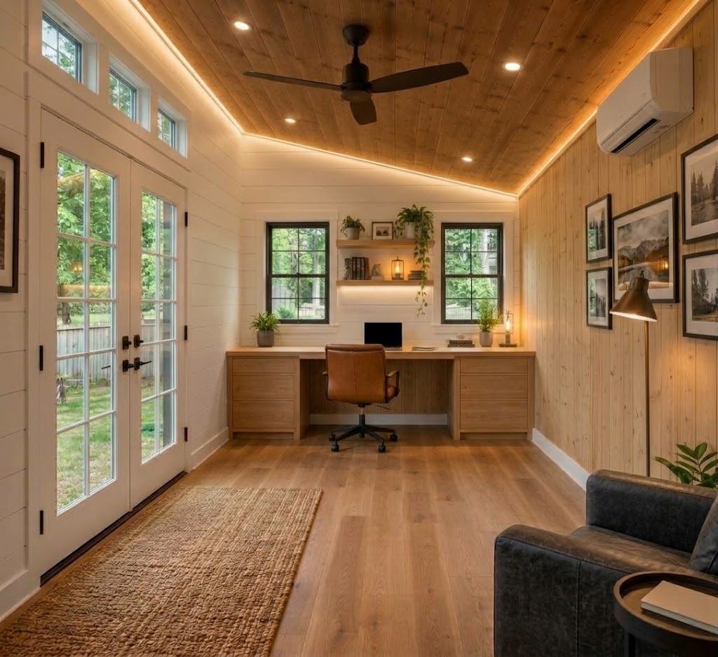 Platinum studio interior rendering with stained wood ceiling, French doors, mini-split and built-in desk