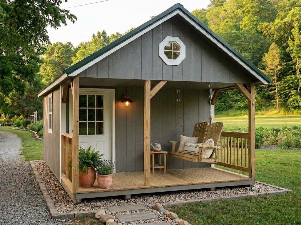 Gray studio with a covered front porch, railing and porch swing