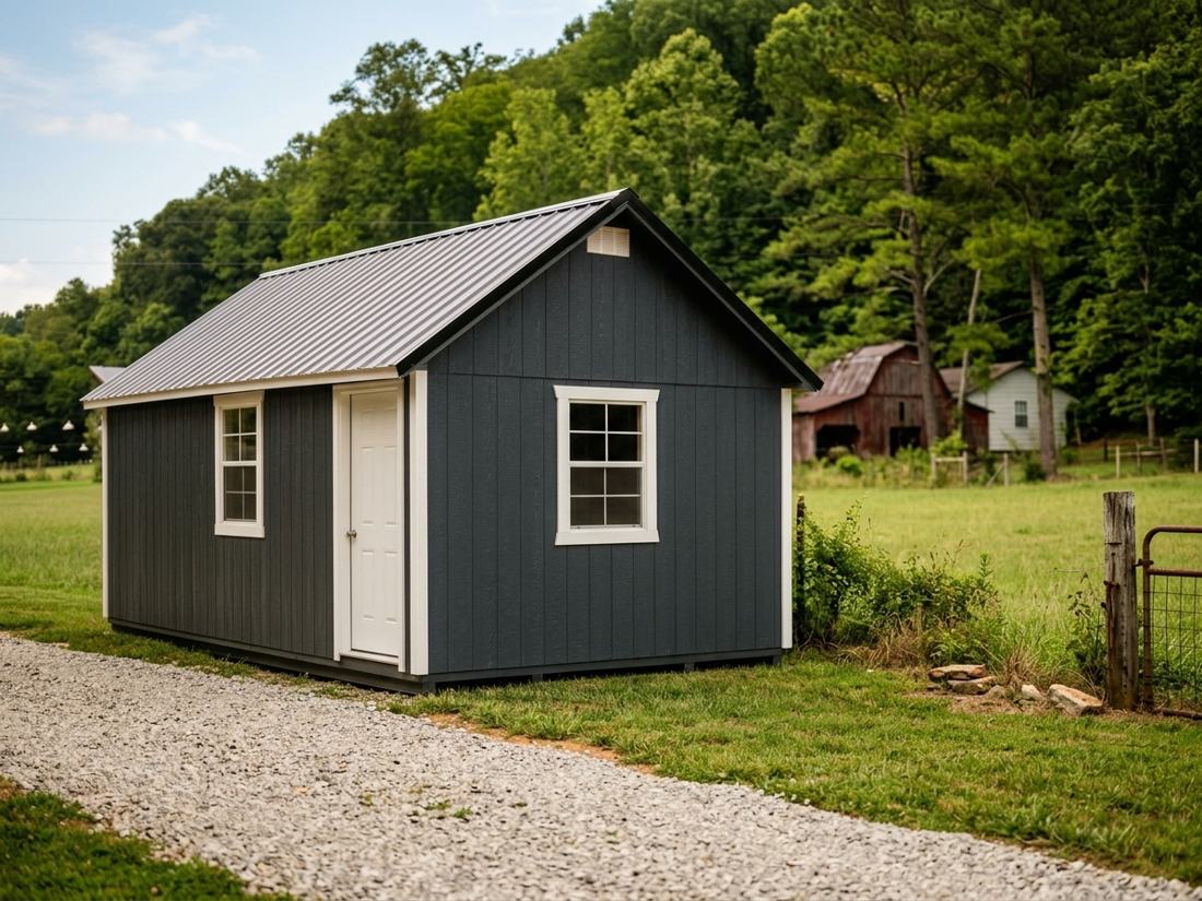 Silver shed exterior with dark siding, white trim and metal roof
