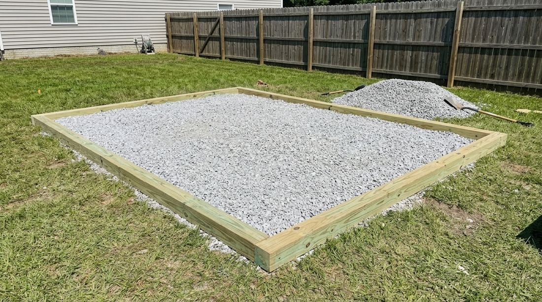 Level gravel pad with a pressure-treated 4x4 timber border